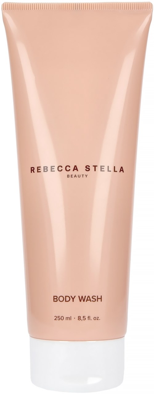 Vaaleanpunainen putki, jossa lukee 'Rebecca Stella Beauty Body Wash', 250 ml. Tyylikäs muotoilu ja ruskea teksti.