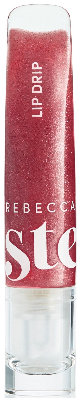Pink lip gloss labeled "LIP DRIP" and "REBECCA" in white text. Clear container with a rounded top.