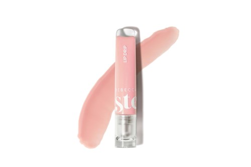 Lip gloss tube with pink shade, shown with a swatch of lipstick, on a white background.