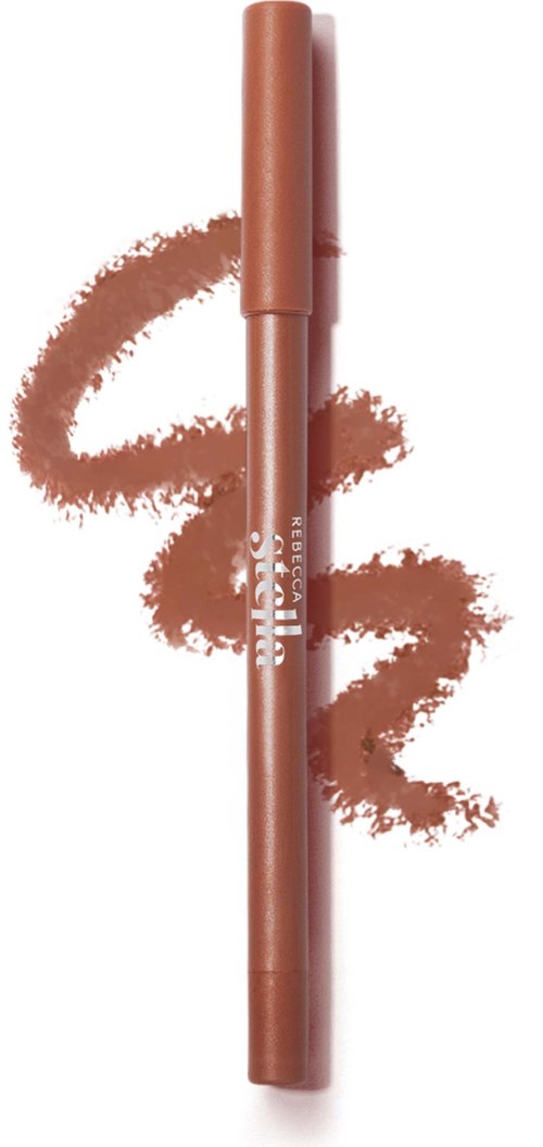 A brown lipstick with a smudged lipstick mark behind it, showing color and shape.