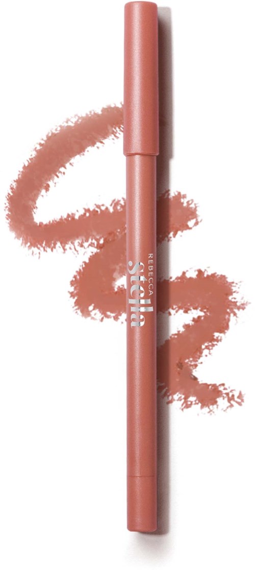 A pink makeup crayon with a swirled smudge behind it on white background.
