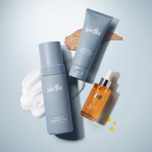 Three skincare products with different colors and textures, including a foam, a clay mask, and a serum.