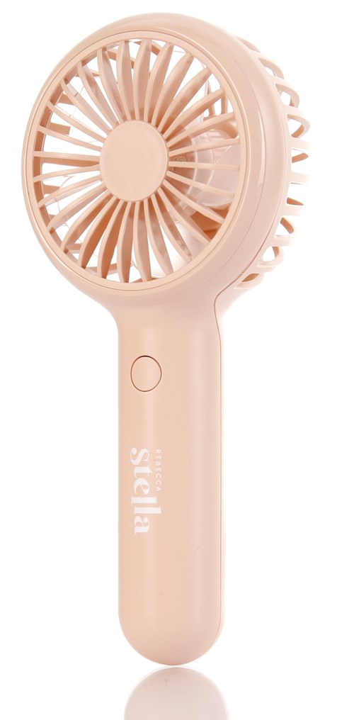 A small handheld fan in light pink color with a circular blades and a simple handle.