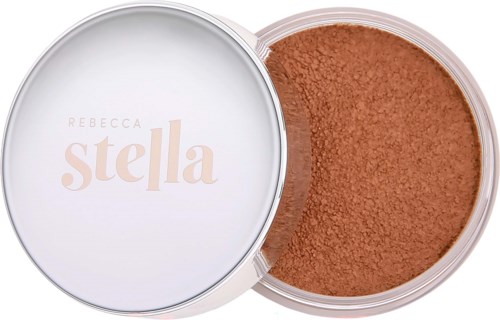 A round container with brown powder, with a white lid that has pink and beige text reading "Rebecca Stella."