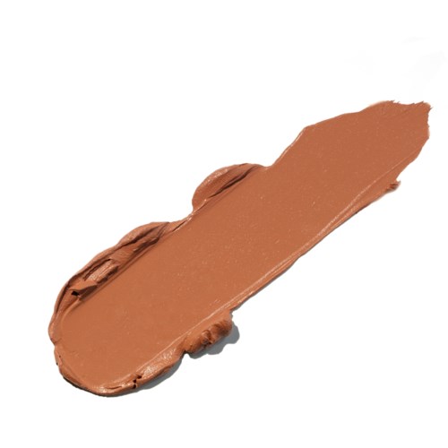 A blob of light brown creamy substance spread on a white background.