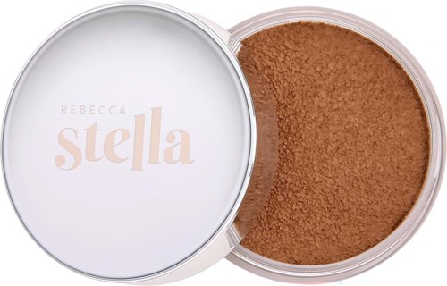 A round container with brown powder inside and a lid with the brand name 'Rebecca Stella'.