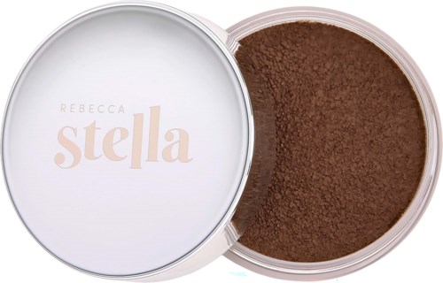 A round container of brown powder with a white lid that says 'Rebecca Stella' in pink letters.