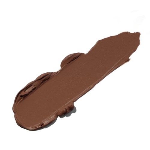 Smooth, thick layer of brown chocolate spread, spread on a white background.