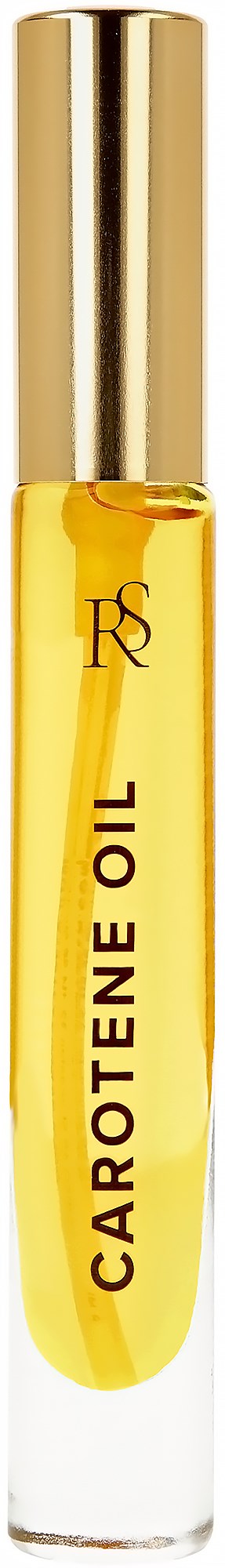 En liten flaska med gul vätska och guldlock, märkt 'Carotene Oil'.
