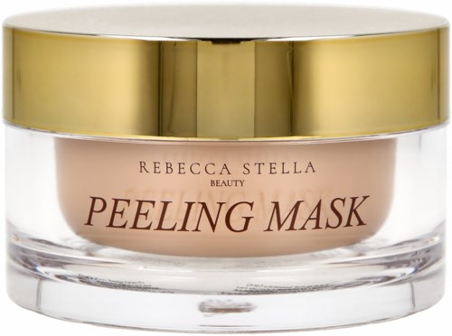 En krukke med Rebecca Stella Beauty Peeling Mask med gullfarget lokk og rosa etikett.