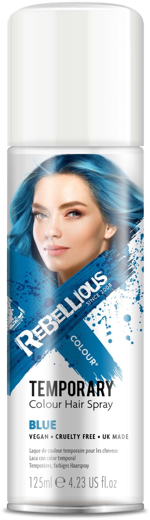 A hair spray can with a blue-haired woman on the label, labeled "Rebellious" and "Temporary" hair color spray.