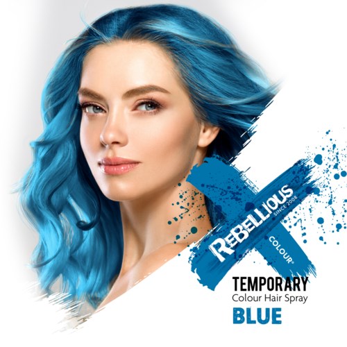 A woman with long, wavy blue hair, looking confidently. Text promotes a temporary blue hair spray from Rebel Lious.