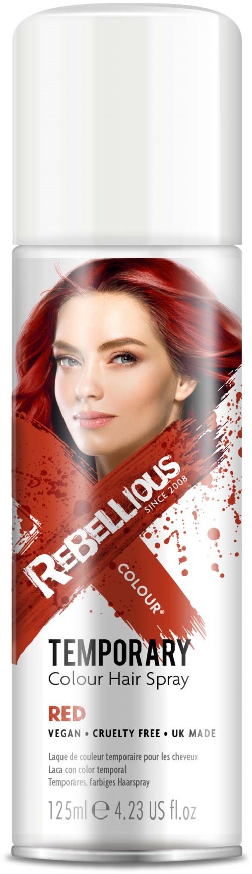 A can of Rebellious Temporary Red Hair Spray with a woman's face and hair on the label.