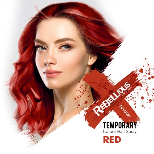A woman with vibrant red hair, clear skin, and a confident expression. The image features a hair spray logo for red color.