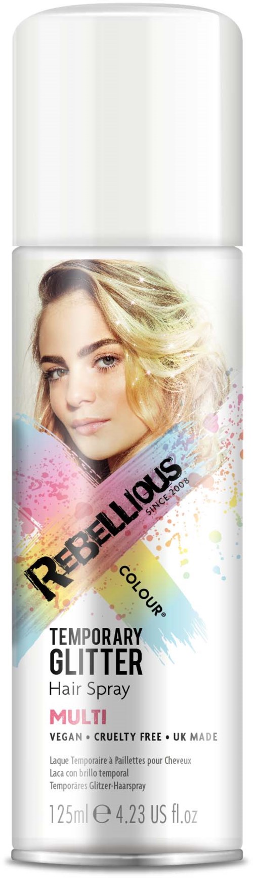 A white spray can with a picture of a woman with blonde hair and colorful splashes, labeled 'Rebellious Colour' and 'Glitter'.