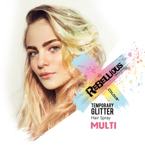 A woman with long, blonde, wavy hair and bright eyes. A colorful graphic with text about glitter hair spray.