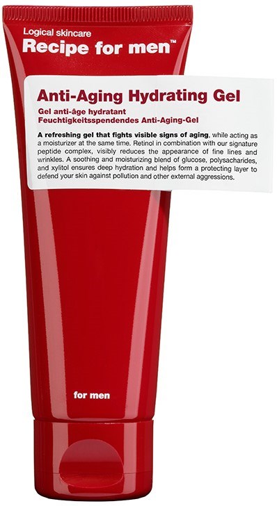 Ein rotes Tube mit der Aufschrift 'Anti-Aging Hydrating Gel' für Männer, mit beschreibendem Text zu Hautvorteilen und Inhaltsstoffen.