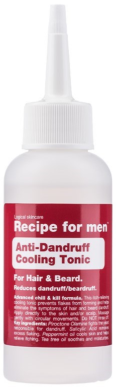 White bottle with a pointed nozzle, labeled 'Recipe for men Anti-Dandruff Cooling Tonic' for hair and beard.