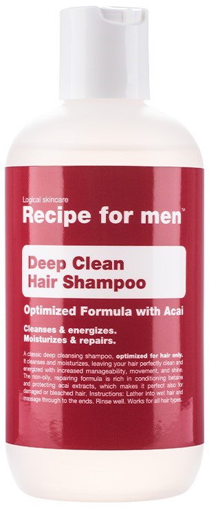 A white and red bottle labeled 'Deep Clean Hair Shampoo' for men, with description and instructions printed on it.