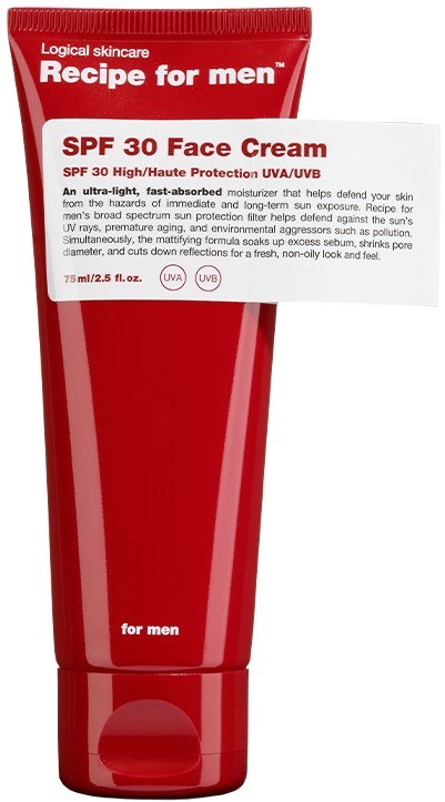 Red tube labeled 'Recipe for men' with SPF 30 face cream and UV protection for men.