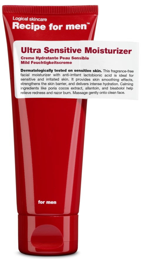 Red tube labeled 'Ultra Sensitive Moisturizer' for men's sensitive skin and hydration.