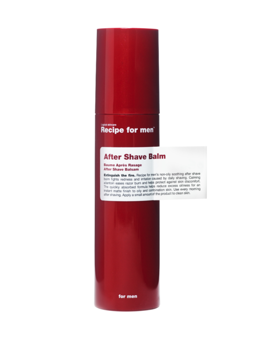Red bottle labeled 'After Shave Balm' for men, with a white band around it.