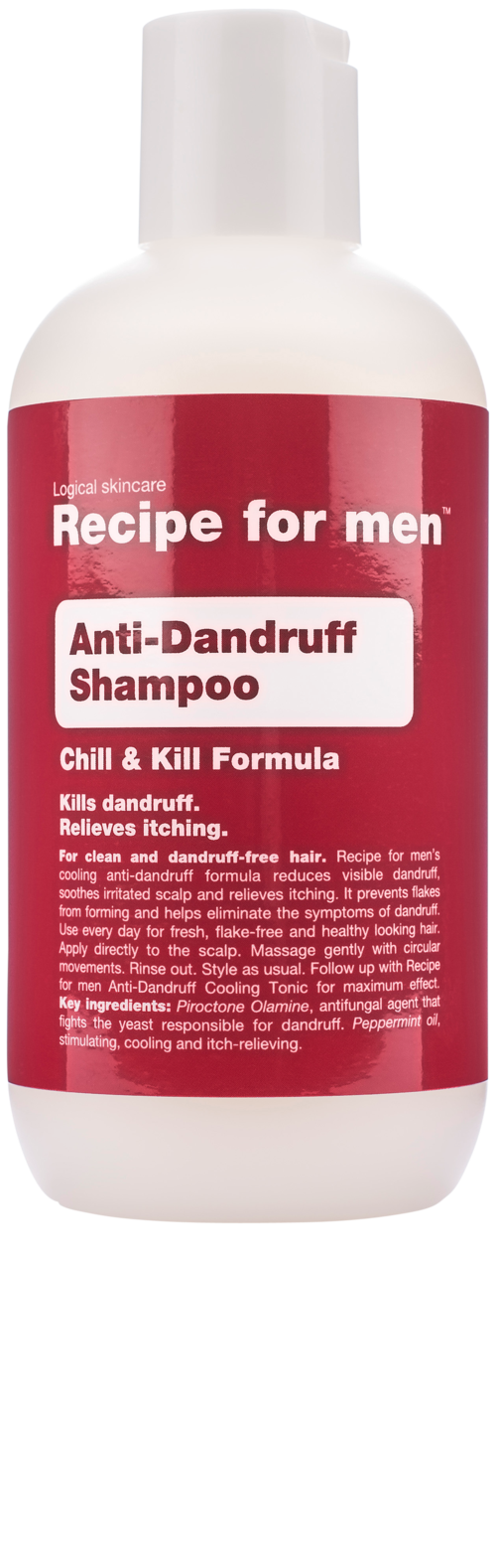 White bottle with a red label. Text says "Recipe for men Anti-Dandruff Shampoo". It is a shampoo bottle.