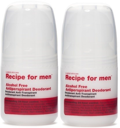 Two white bottles of alcohol-free men's antiperspirant deodorant stand side by side.