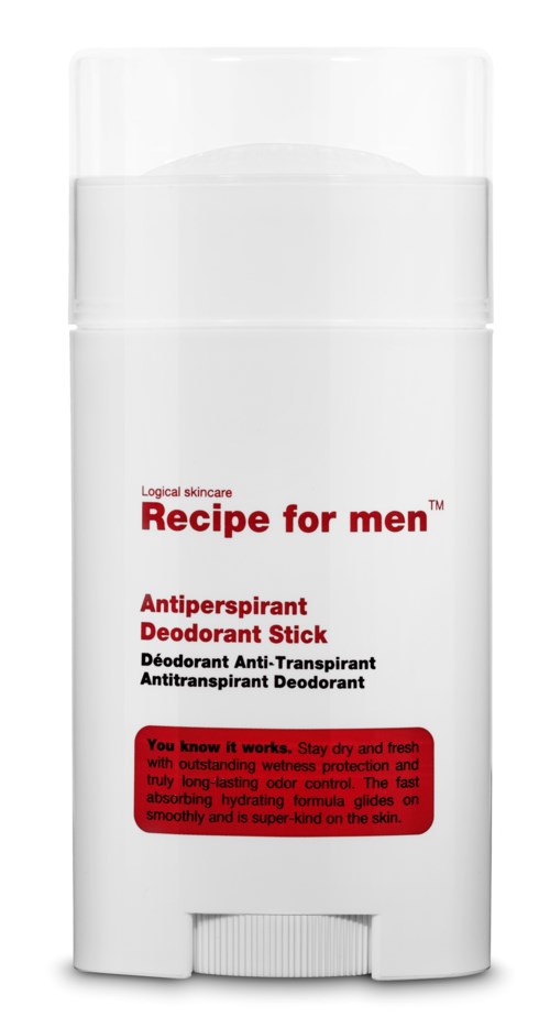 A white deodorant stick container labeled "Recipe for men" with red text and a red warning box.