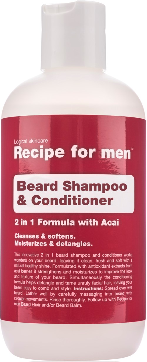 White bottle with a red label that says 'Recipe for men' and 'Beard Shampoo & Conditioner'.