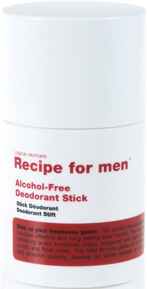 Ein weißer runder Behälter mit der Aufschrift 'Recipe for men' alkoholfreier Deostick. Er soll Geruch stoppen und Frische bewahren.