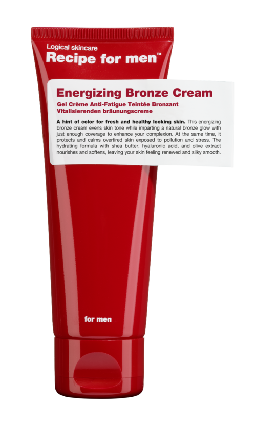 Eine rote Tube mit Energizing Bronze Cream für Männer mit weißen und schwarzen Texten, Produktdetails und Markenkennung.