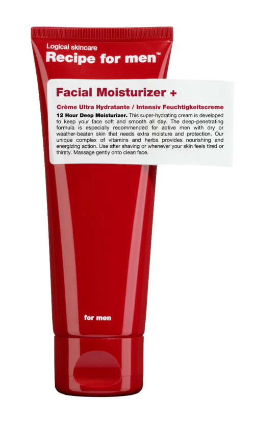 Red tube labeled "Recipe for men" with a description about facial moisturizer and skin care.