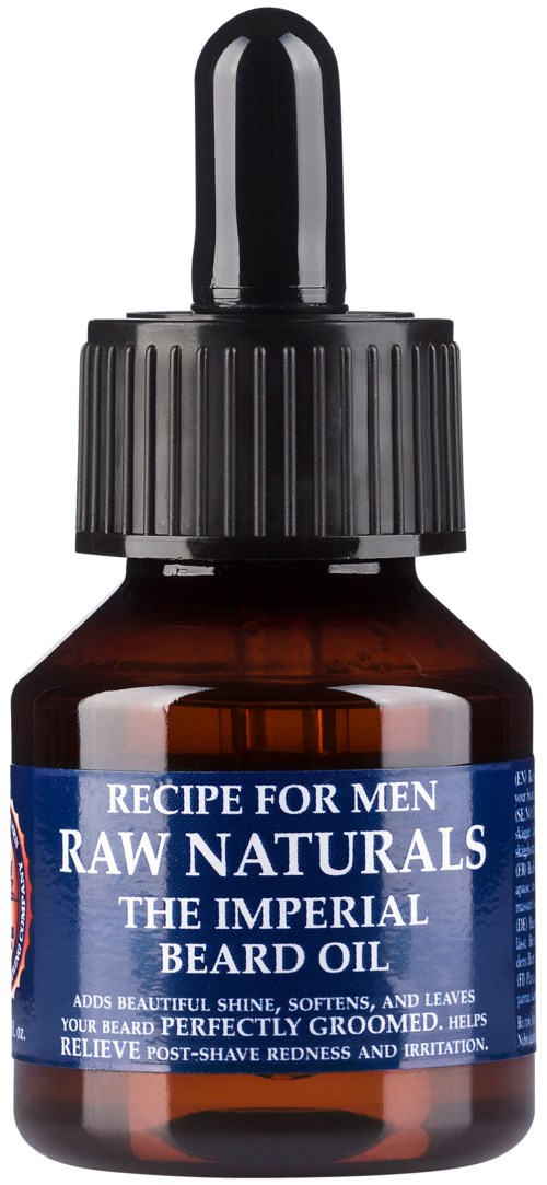 A small brown bottle with a black screw cap and a blue label for men's beard oil.