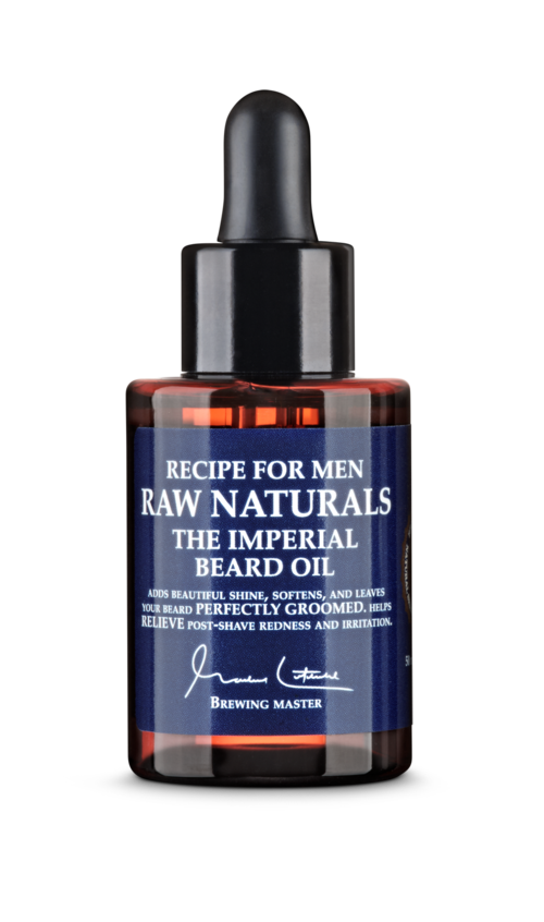 A small brown bottle with a black dropper cap, labeled as beard oil for men from Raw Naturals.