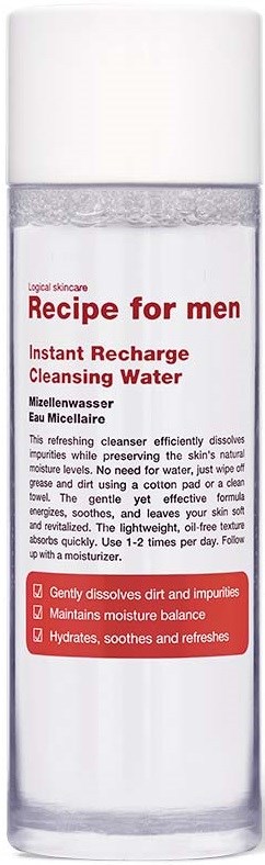A tall, clear bottle with grey cap, labeled 'Recipe for men' skin cleanser, showing product benefits in red and black text.