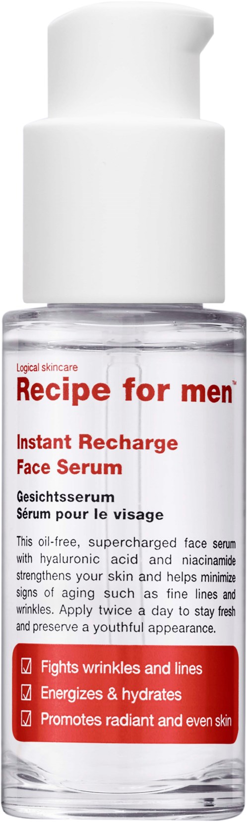A clear glass bottle with a white pump, labeled 'Recipe for men' face serum, with red and black text highlighting benefits.