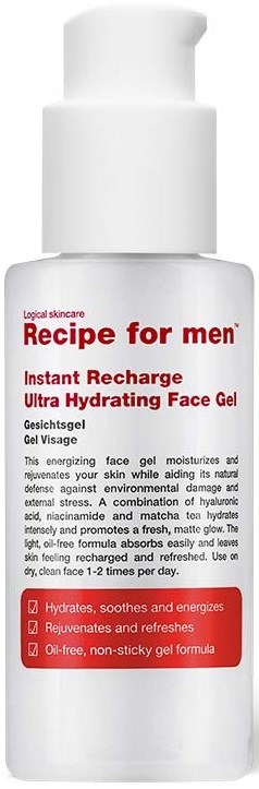 Valkoinen pumppupullo, jossa lukee 'Recipe for men' kasvovoide, korostaen kosteutusta ja virkistystä, punaiset tekstilohkot.