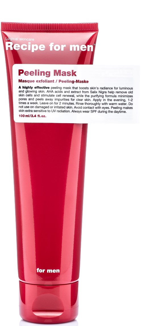 Red tube labeled "Recipe for men Peeling Mask" with white text and instructions.