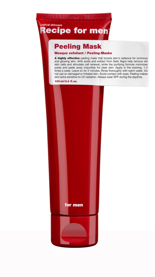 A red tube of peeling mask with white and red packaging text for men.