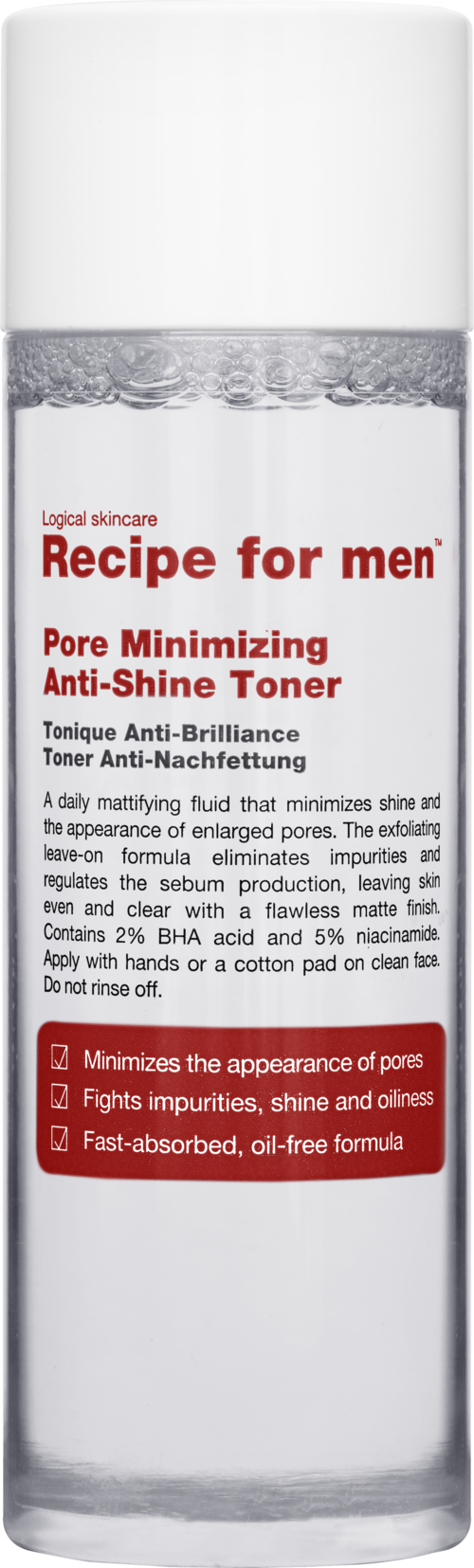 A clear bottle of men's skincare toner with red and white text, designed to reduce pores and fight impurities.