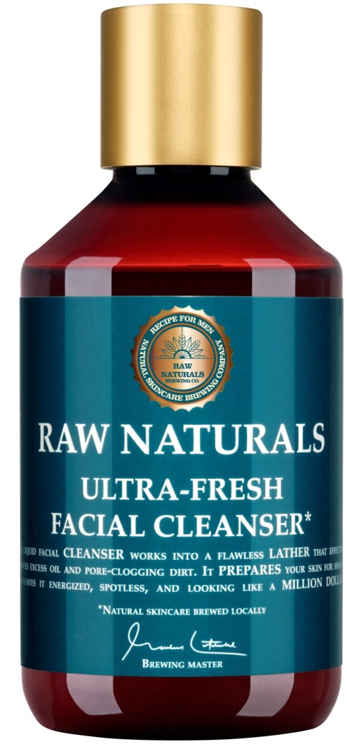 A bottle labeled Raw Naturals Ultra-Fresh Facial Cleanser with a gold cap and blue label.