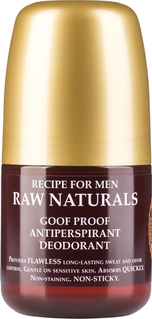 A brown deodorant container with a gold cap, labeled as men's natural, goof proof, and non-sticky.