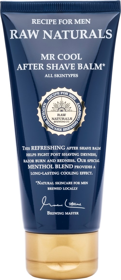 A blue tube of men's after shave balm with gold and white text, labeled 'RAW NATURALS MR COOL.'