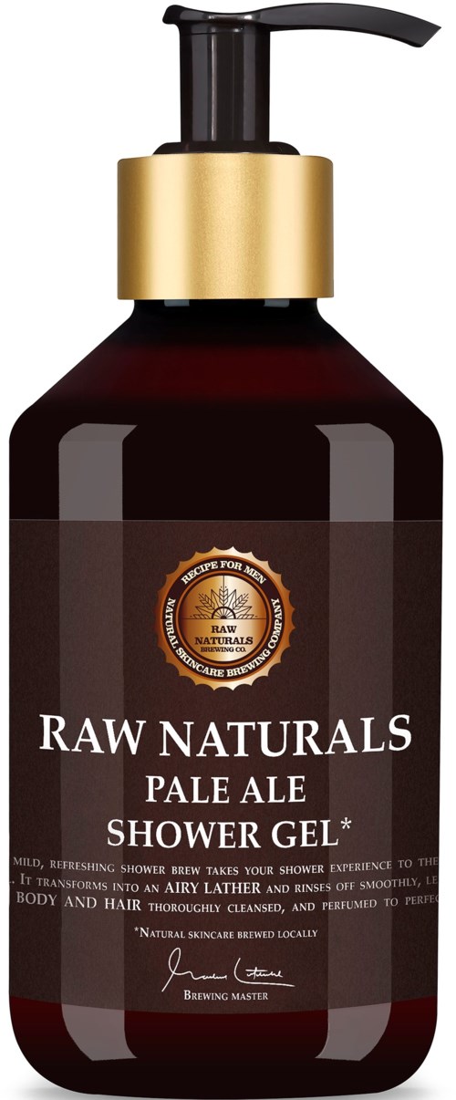A dark brown bottle with a pump, labeled 'RAW NATURALS PALE ALE SHOWER GEL,' featuring gold and white text and design.