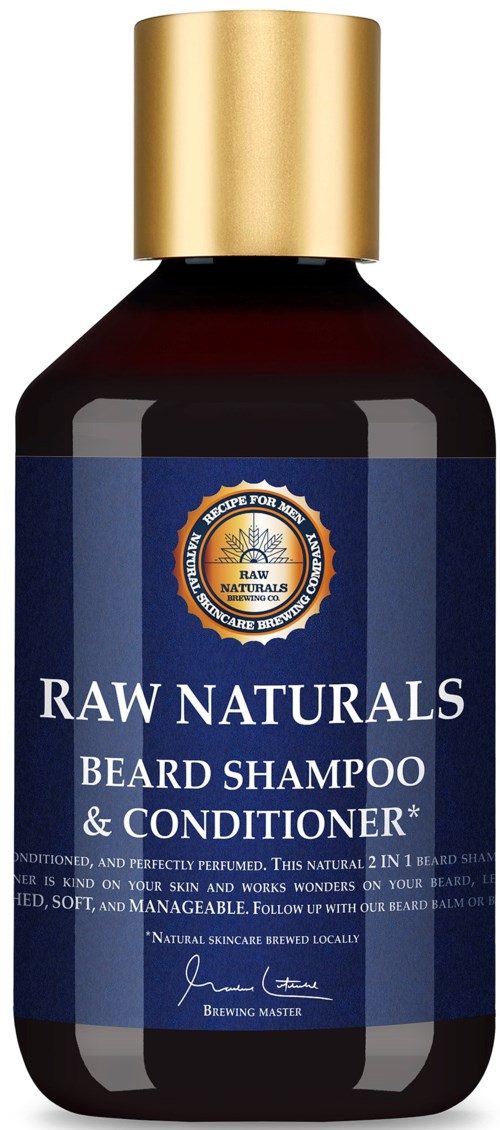 A bottle of beard shampoo and conditioner with a navy blue label and gold cap.