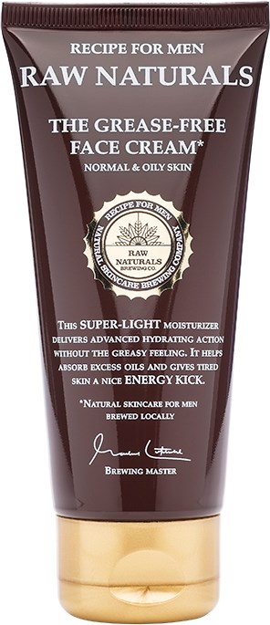 A brown tube of face cream with a gold cap, labeled for men's use, dry skin, and oil control. Text describes benefits.