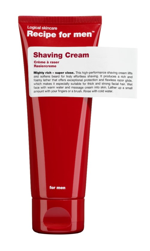 A red tube labeled 'Shaving Cream' for men, with white and red text, standing upright with a white paper label.