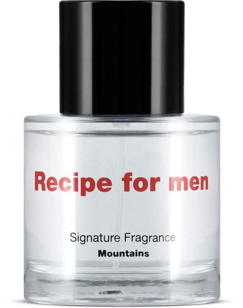 En klar duftflaske med svart lokk, merket "Recipe for men" og "Mountains."