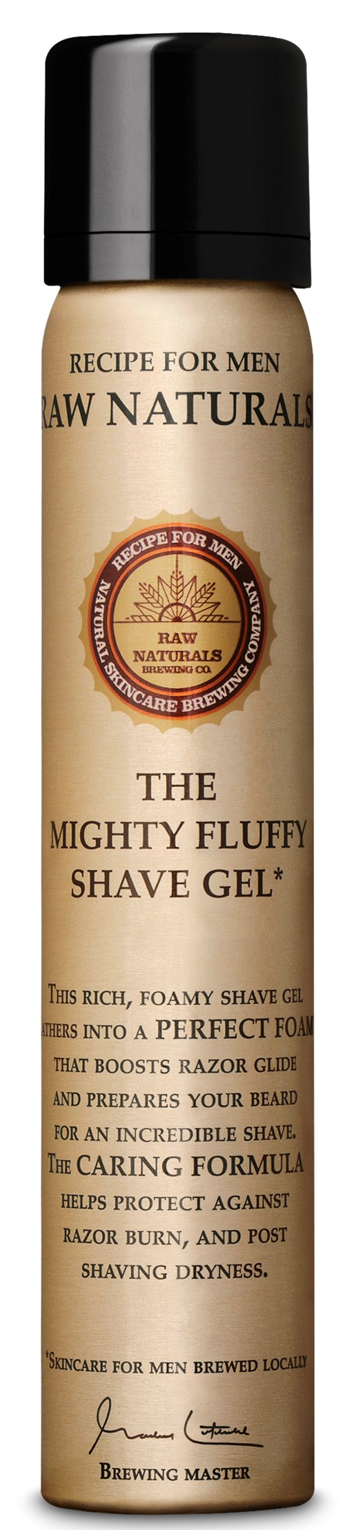 A bottle of men's shaving gel with black cap, beige body, and text describing ingredients and benefits.